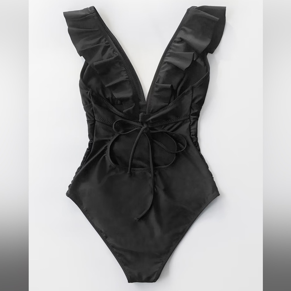 Summer Seaside Ruffled Ruched Plunge Gathered Black One Piece